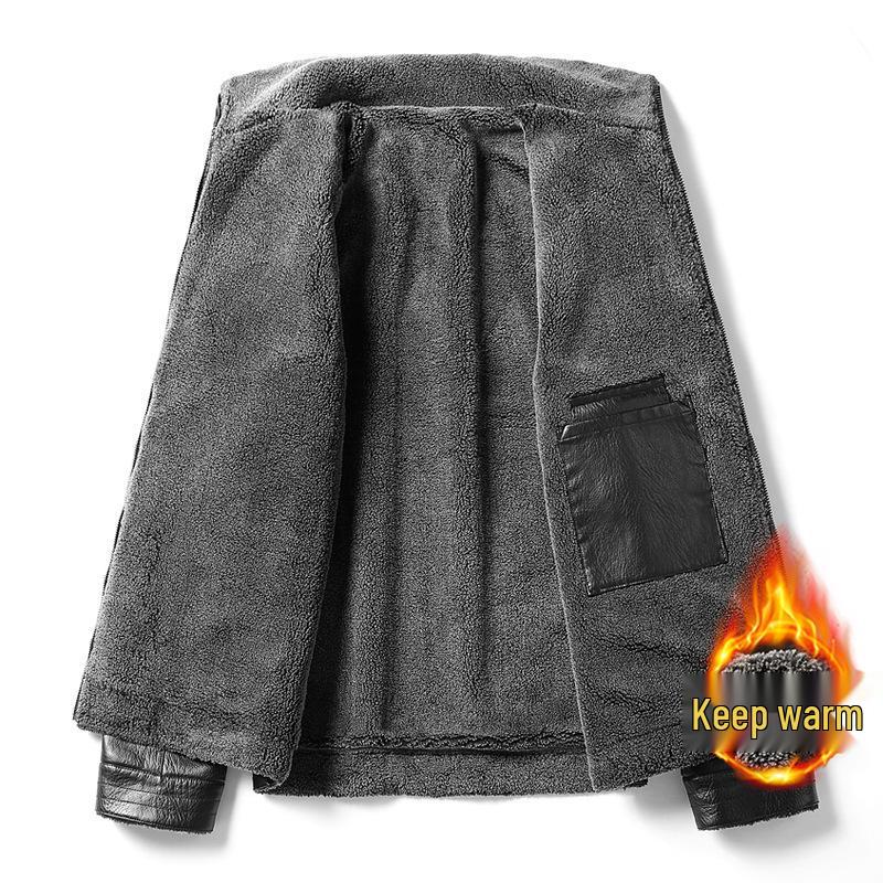 Men's Plus Size Winter Fur-Lined Leather Jacket with Lapel