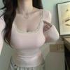Pure Desire Lace Trim Dopamine U-Neck Slim Fit Long Sleeve Top for Autumn/Winter