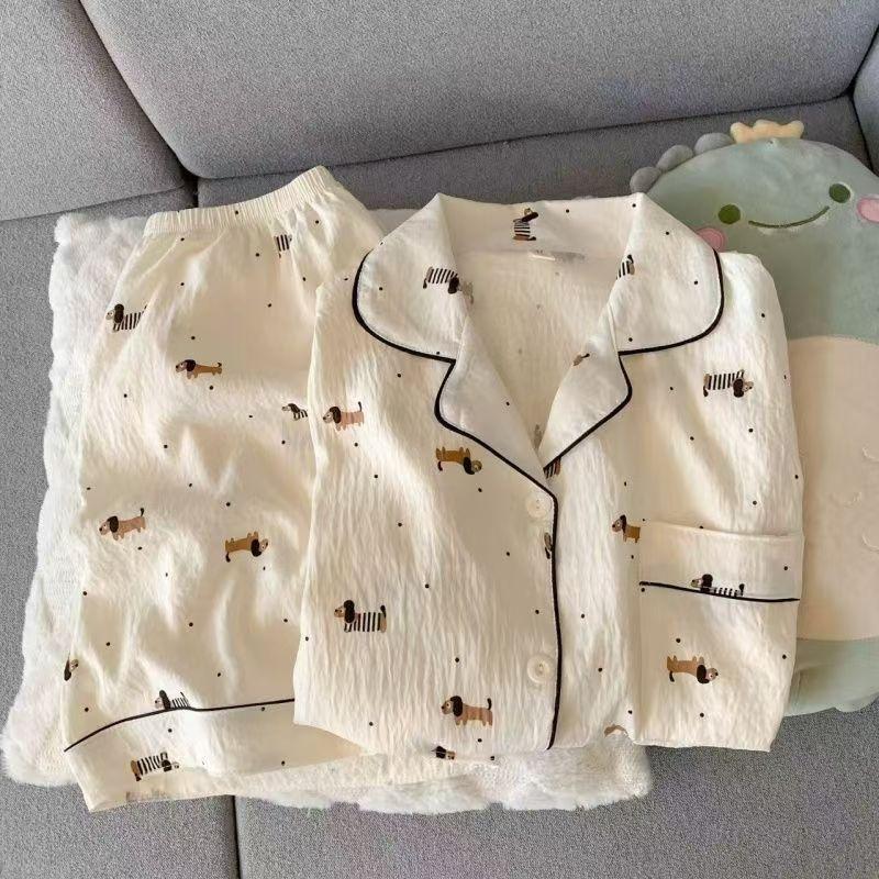 

Full print polka dot sausage puppy pajamas women s summer black edge short-sleeved shorts set women s casual loungewear S