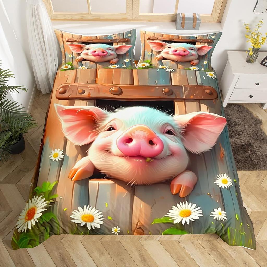 Adorable Lovely Couple Pig Soft Duvet Cover Twin King, Roses Daisy Floral Valentine's Romantic Beding Set,Carton Animal Rustic Warm Comforter Cover