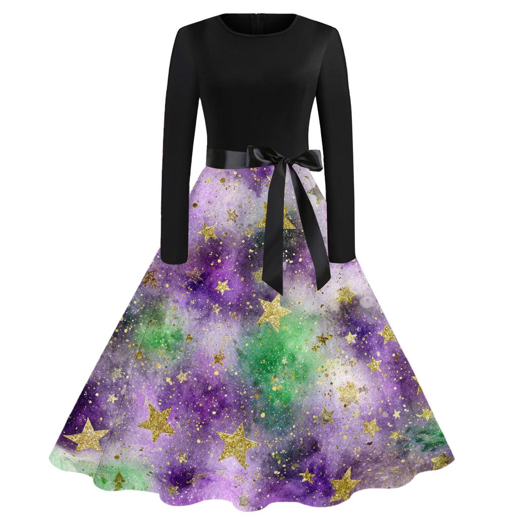 Damen Casual Mode Rundhals Karneval Bedrucktes Vintage Kleid