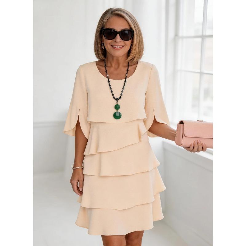 

women s Loose Fit Ruffle Layered Cake Dress Solid Color Round Neck 3/4 Sleeve Casual Tunic Mini Dress 3XL абрикосовий