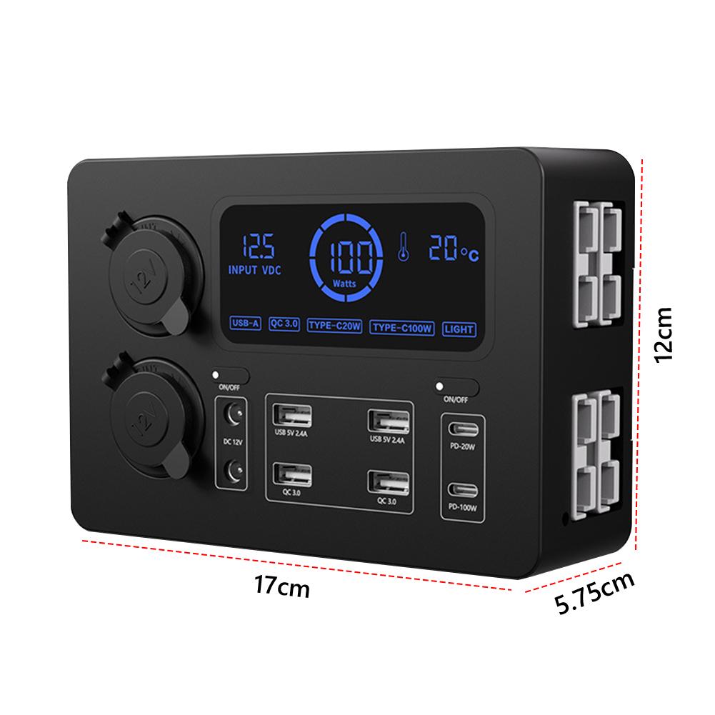 12V 100W Mini Power Box with LED Lights Mini Power Distribution Box USB-C & QC3.0 Ports Power Socket Box for RVs SUVs Boats