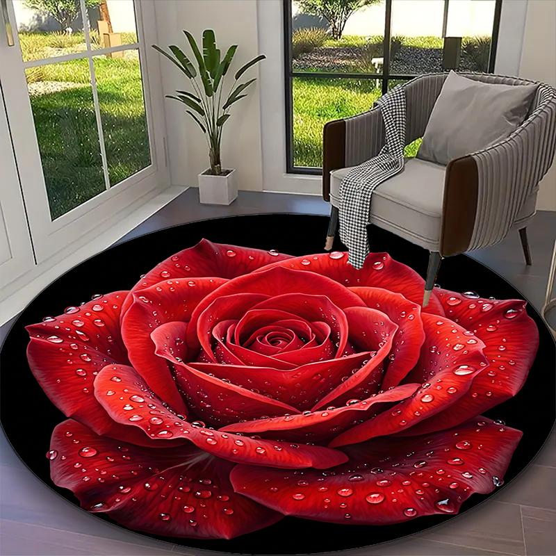 1pc Red Rose Vivid Poppy Printed Chair Rug for Home Office Use, Living Room Kitchen Game Room Round Carpet