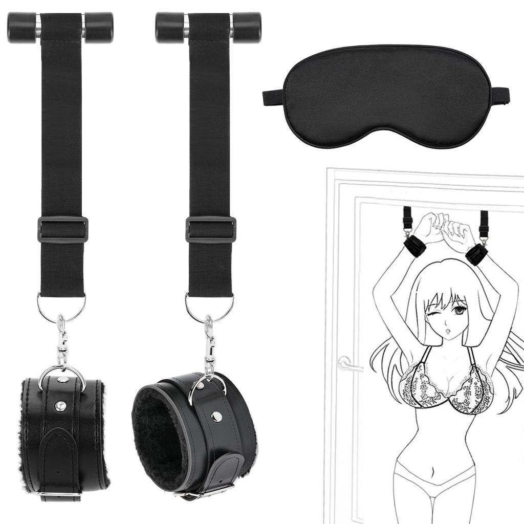 Sexyhot SM Goods Door Restraints Handcuffs Hanging Eye Mask Included Fluffy No Pain Adjustable Length 3 Piece Set Black
