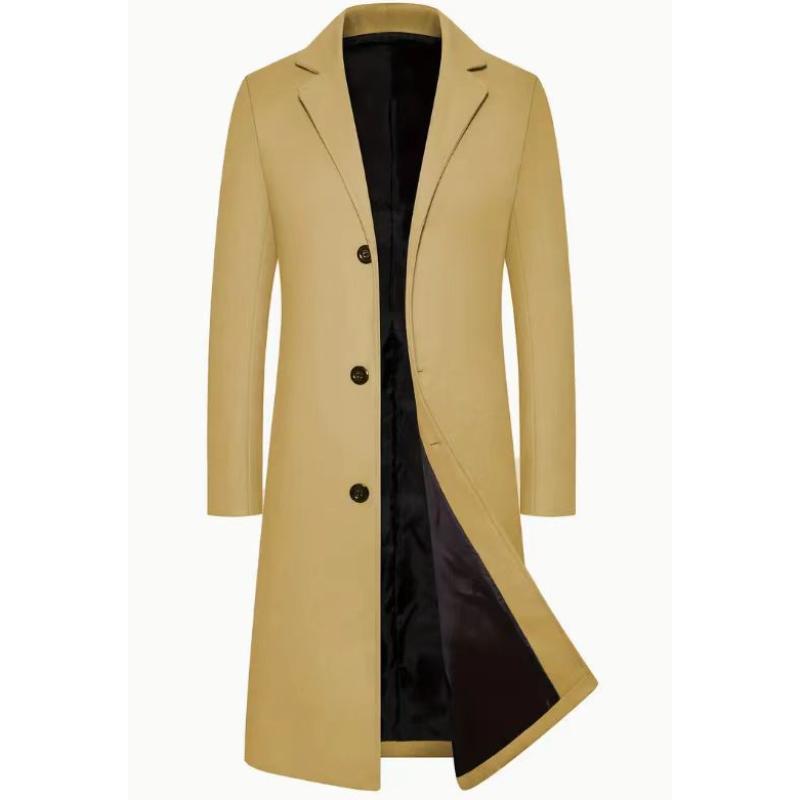 

Men s Premium Wool Blend Overcoat Elegant Mid-Length Notched Lapel Trench Coat Business Casual Winter Warm Outerwear S хаки