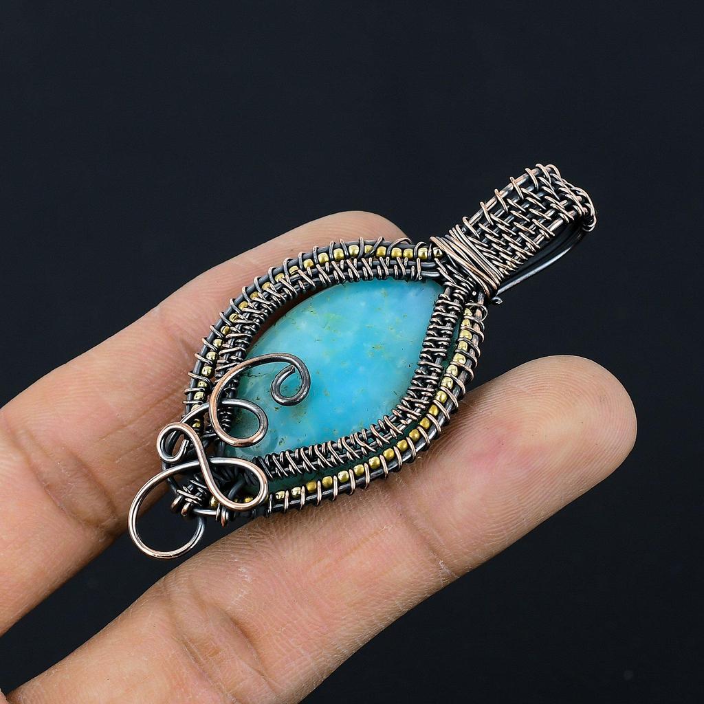 Hemimorphite Pendant, 999 Copper Wire Wrapped Gemstone Jewelry, Handmade Pendant, For Thanksgiving