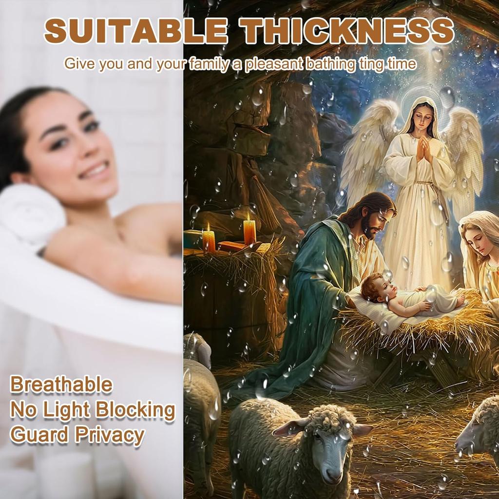 Christmas Shower Curtain Christma Holy Night Nativity Shower Curtain The Birth of Jesus Thatched Cottage Lamb for Xmas Christma