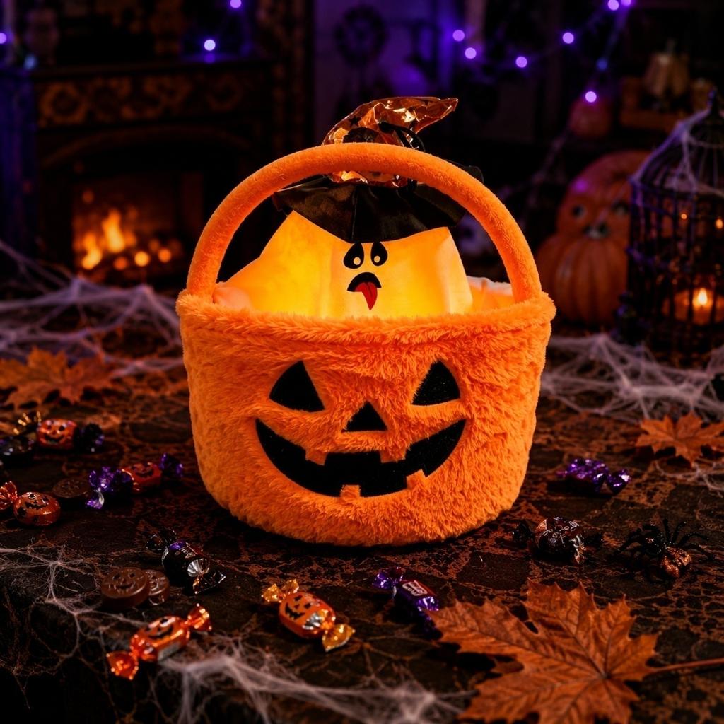 Halloween Glowing Pumpkin - Plush Candy Bag with Handle, Light Up or Decorations, Novelty Gift for Kids and Adults