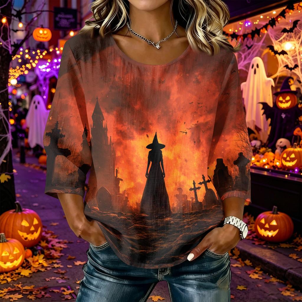Women's Casual Halloween Print Round Neck Three Quarter Sleeve Linen Cotton Blend Top Comfortable Loose Fit Autumn Shirt