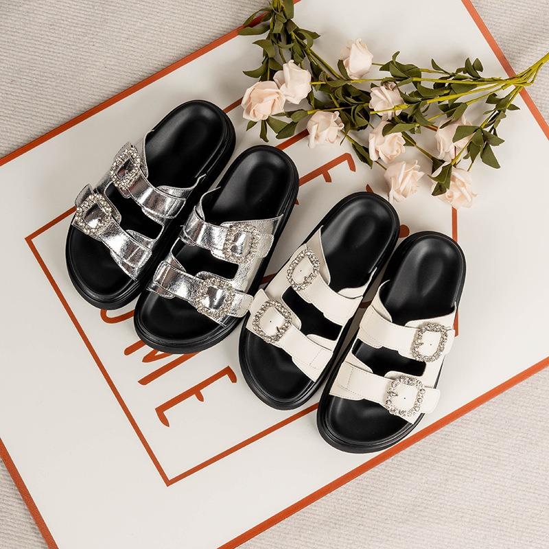 Thick-soled One-word with Rhinestone Square Buckle Outside Slippers Women's Summer New Fashion Casual Muffin Bottom Beach Sandals Women