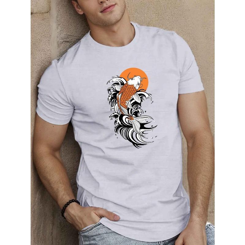 European sizes Men'S Koi Fish Graphic T-Shirt, Casual Crew Neck, Polyester Knit Fabric with Slight Stretch, Geometric-Pattern, Regular Fit,