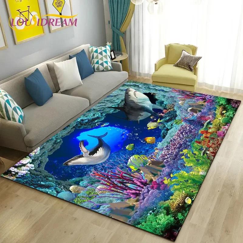 Seabed Illusion Underwater World  Dolphin Shark  Area Rug ,Carpet Rug for Living Room Bedroom Sofa Doormat Non-slip Floor Mat
