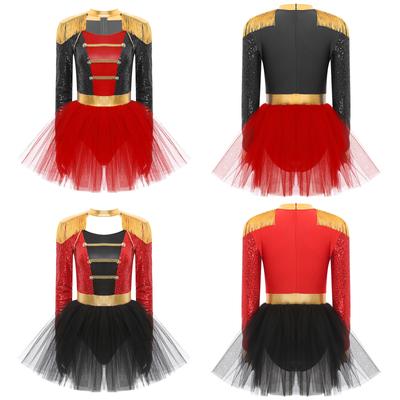 Womens Circus Ringmaster Tutu Dress Long Sleeve Tassel Shoulder Sequins Tulle Skirt Halloween Cosplay Costume