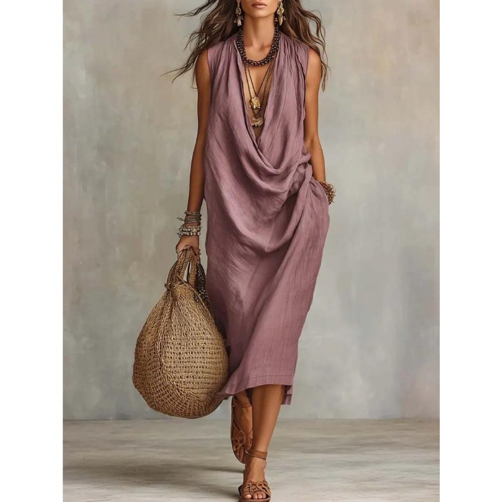 women s Sleeveless Cowl Neck Maxi Dress Linen Blend Loose Casual Summer Vacation Dress with Pockets S фиолетовый