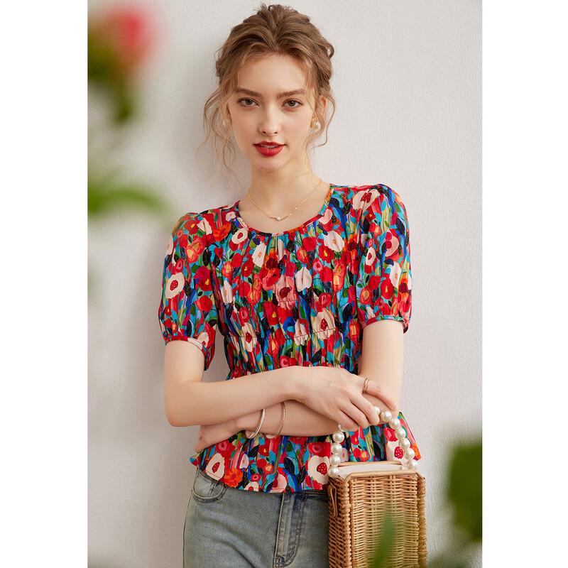 Bailuyu Elegant Floral Print Puff Sleeve Shirt