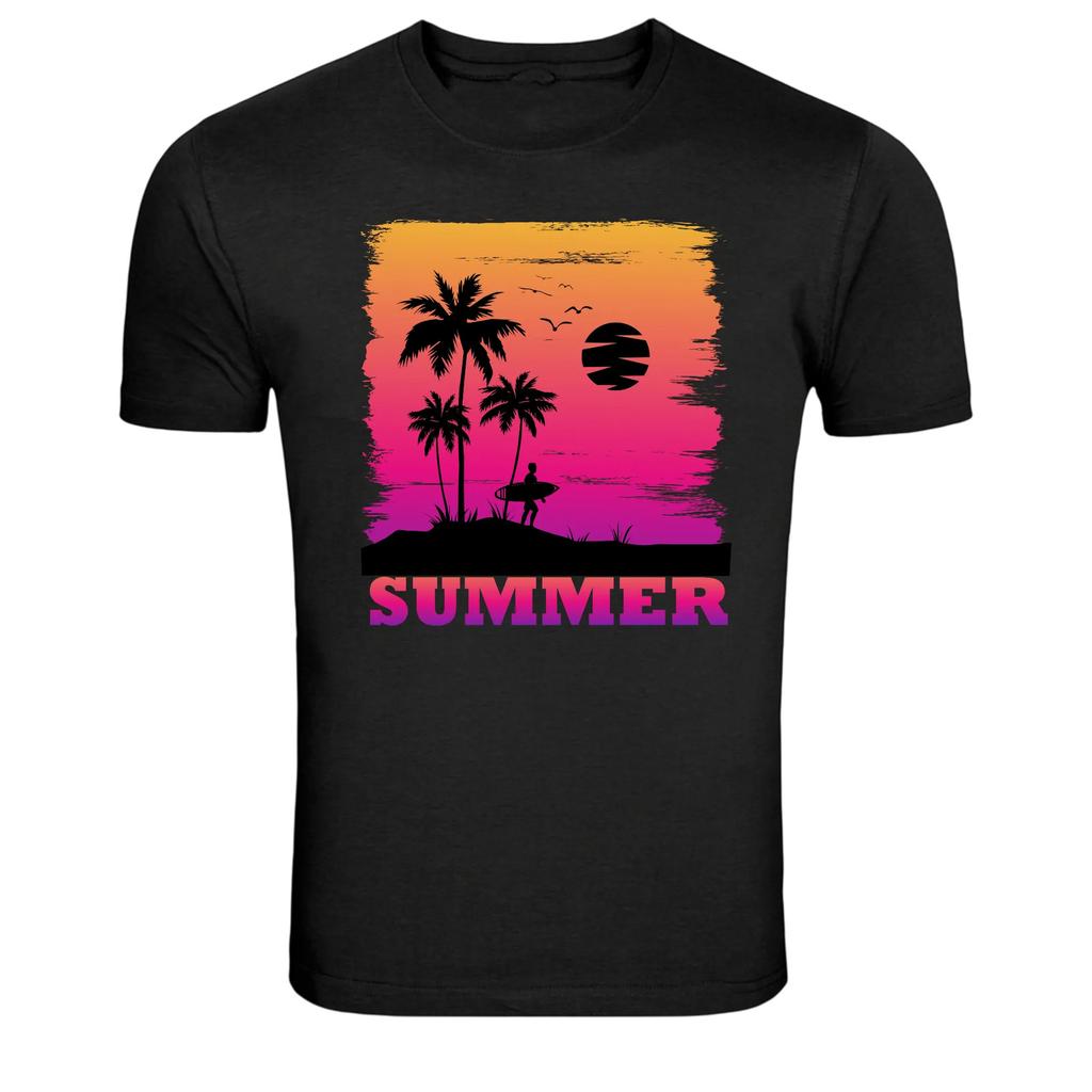 T-shirt Grafica Retrò Tramonto sulla Spiaggia Surf Estivo Palme