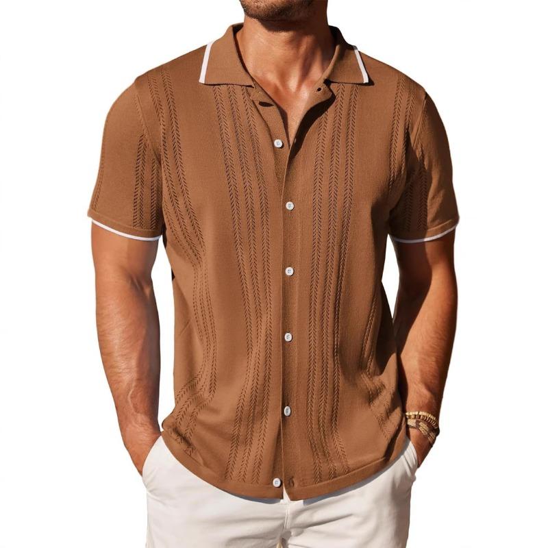 Mens Contrast Trim Short Sleeve Knit Polo Shirt Button Down Hollow Out Casual Summer Top