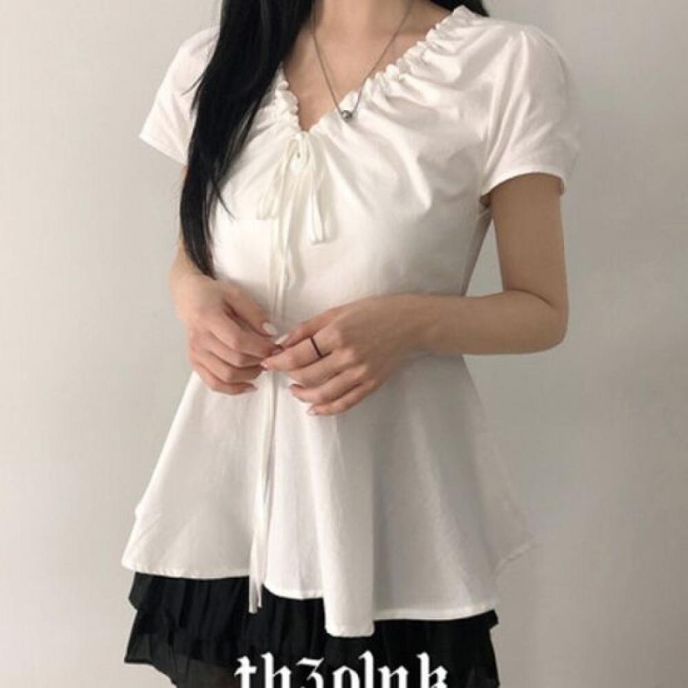 The Pink Women S Ribbon String Frill Short Sleeve blouSe