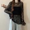 Black Thin Slightly Transparent Lace Shirt Long Sleeved T-shirt Women's Summer Plus Size Medium Long Outer Cover Top