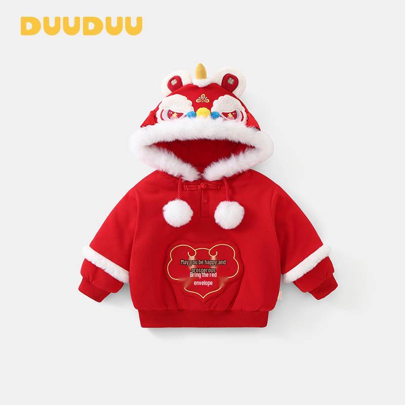 DUUDUU 2025 Chinese New Year Red Hoodie: Warm Velvet Baby & Child Outfit 120cm
