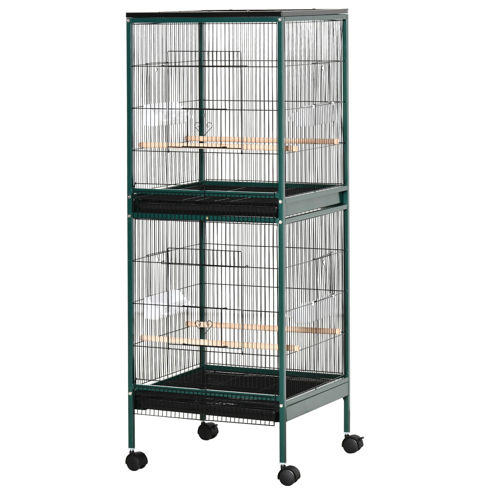 Grande Cage à Oiseaux Double sur Pieds avec Mangeoires Perchoirs Plateau Amovible Roues Dim. 51,5L X 50l X 140H Cm