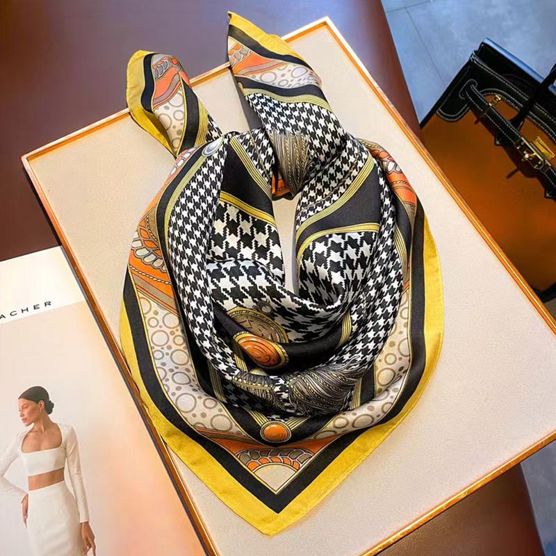 

68см Шарф из шелка с кисточками и узором «гусиная лапка» для женщин Имитация шелка Легкая роскошь Универсальный головной убор Одежда Квадратный шарф