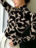 Women's Vintage Art Print High-neck Long-sleeve Top, Floral Print, Slim Fit, Elegant and Versatile, Stylish for Everyday Wear