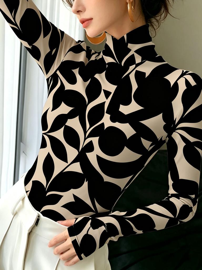 Women's Vintage Art Print High-neck Long-sleeve Top, Floral Print, Slim Fit, Elegant and Versatile, Stylish for Everyday Wear
