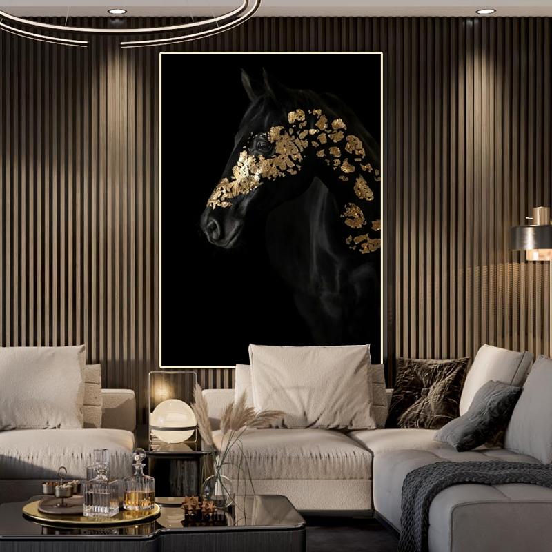 Animal Painting Black and Gold Horse Picture Big Large Size Canvas Wall Art Prints for Living Room Decoration Frameless