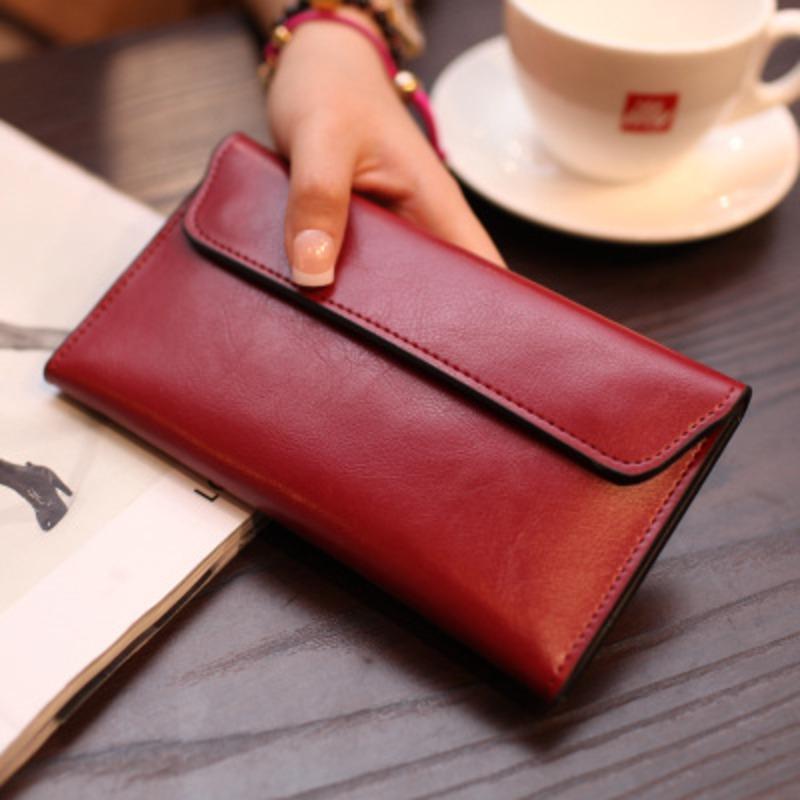 New European and American Luxury Long Wallet Women s Leather Buckle Simple Business Cowhide Thin Wallet Card Trend бордовый