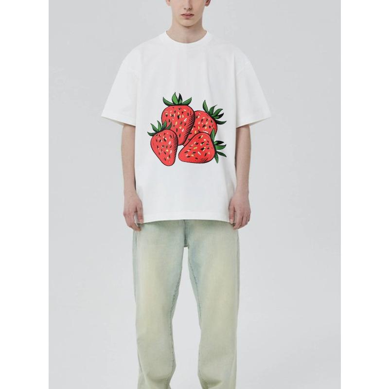 Übergroßes T-Shirt Schwarz Erdbeer-Print Freizeitkleidung für Männer und Frauen Sommer-Outfit Streetwear-Mode Trendiges Oberteil
