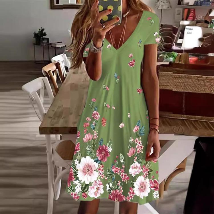 Women Summer Casual Floral Print V Neck One Piece Dress Holiday Beach Wear
