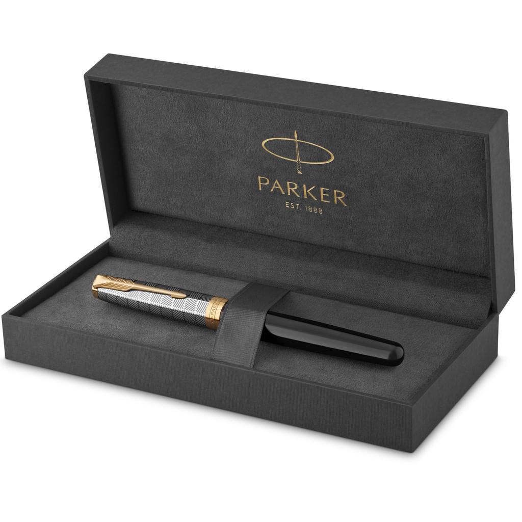 PARKER Sonnet Premium Metal Black GT Fountain Fine 18K Gold Gift Box Official 2119784 & Pen, Nib, Nib, Included, Import,
