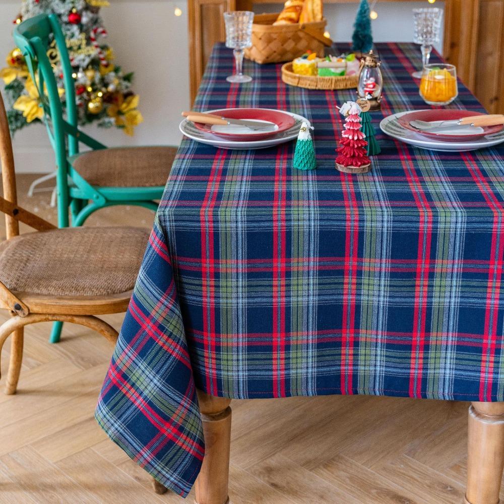 Christmas Tablecloth Vintage Striped Checkered Cotton Linen Dining Party Decor