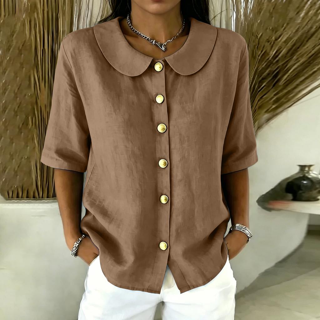 Women Button Front Short Sleeve Shirt Elegant Collar Blouse Casual Loose Fit Summer Top Lightweight Breathable Fabric
