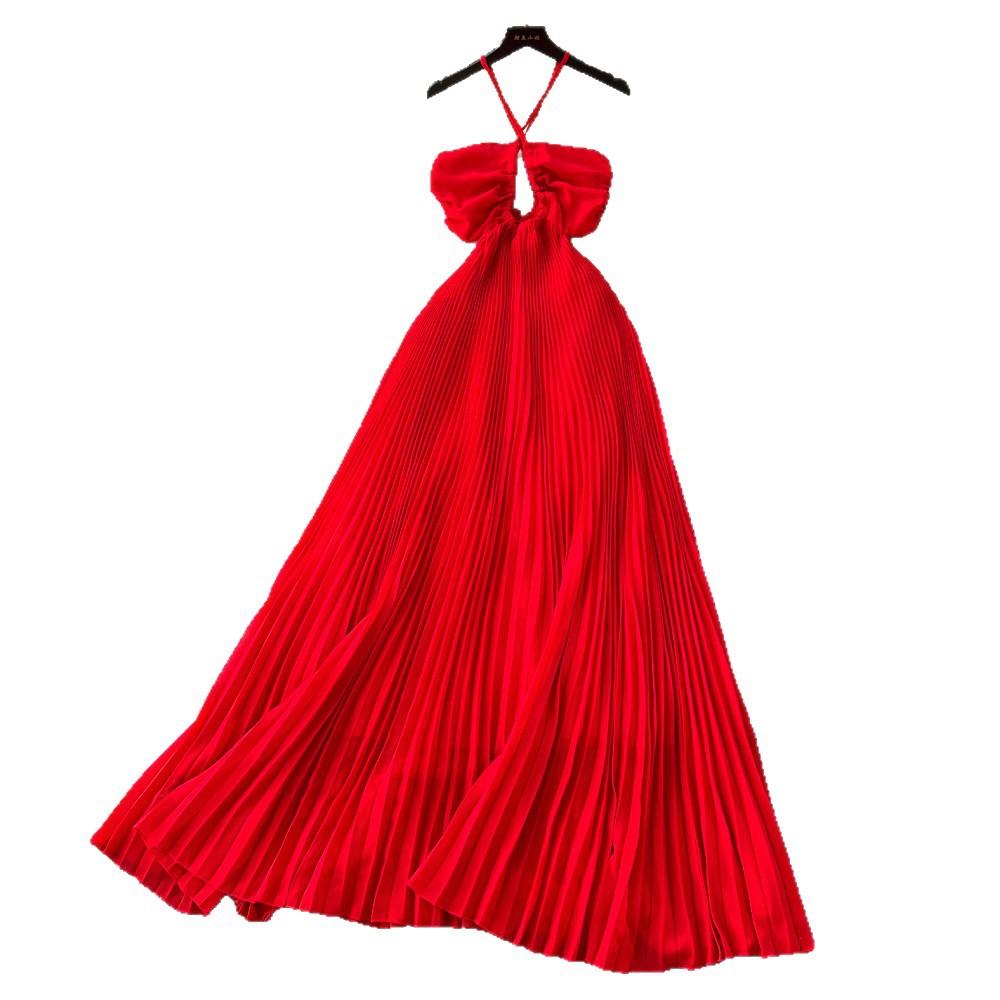 Seaside Vacation Wind Super Fairy Pendulum Red Beach Dress Women's French Sweet Neck Suspender Dress