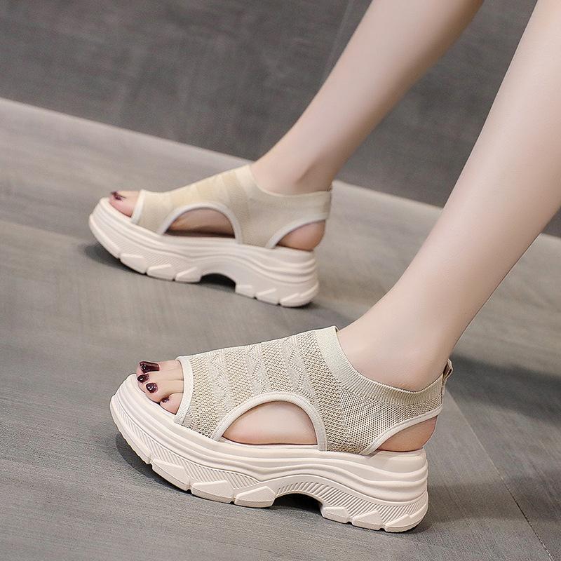 Вязаные женские сандалии на массивном каблуке. Дышащие сандалии на платформе. Эспадрильи — фото 7