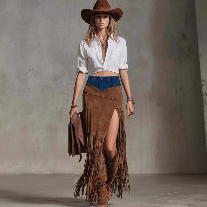 New Fringed Spliced Denim Hem Irregular Suede Skirt