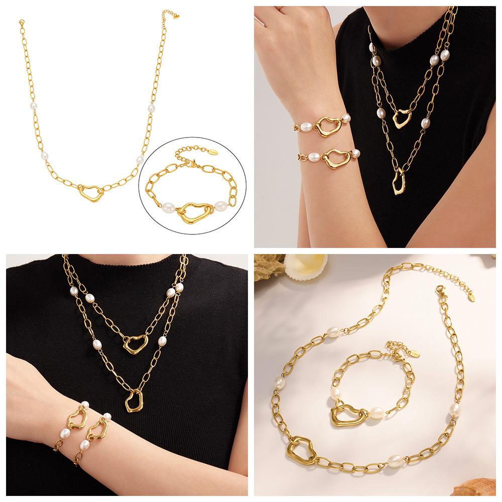 18K Gold Plated Irregular Heart Gel Bead Clavicle Bracelet & Niche Titanium Steel Jewelry Set by Qiong Yao Design
