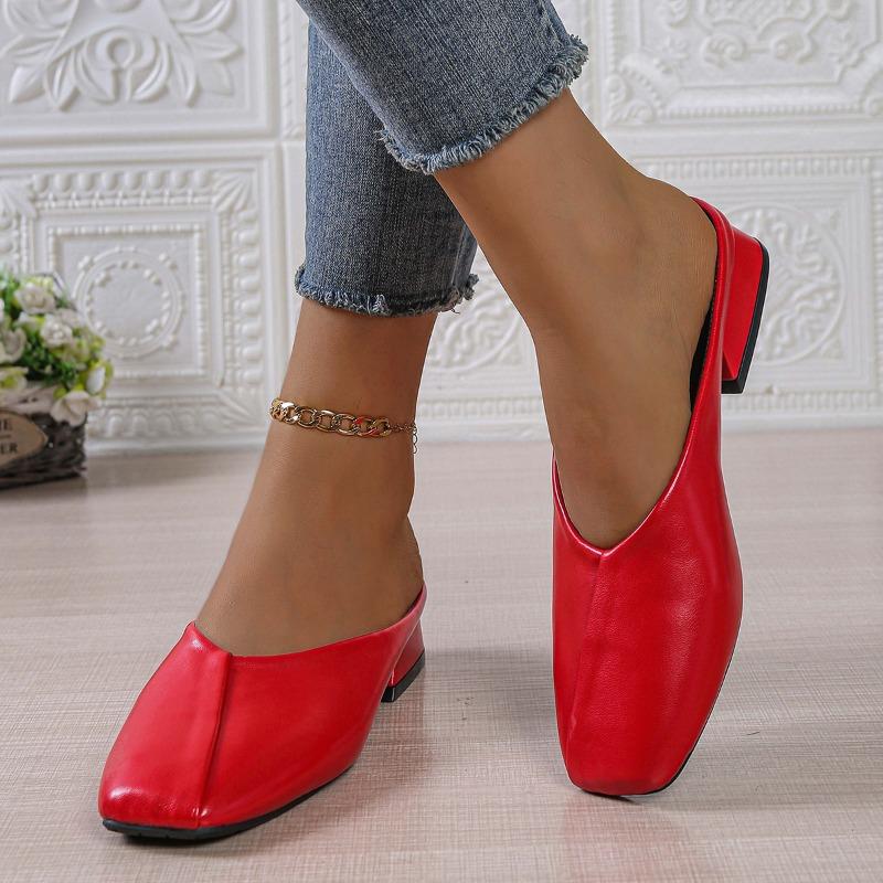 Low Heel Semi-drag Autumn New Square-toe Shallow-mouth Splicing Soft-sole Anti-slip Wear-resistant Wrapped-head Slippers