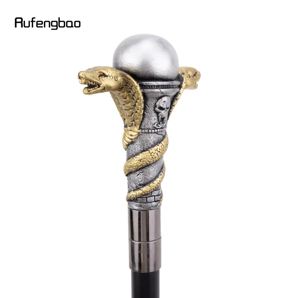 Golden Resin Double Snake Head Cobra Walking Cane Fashion Decorative Steel Stick Gentleman Elegant Cosplay Cane Crosier 94cm