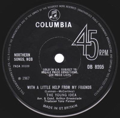 Disque 7 pouces YOUNG IDEA - With A Little Help From My Friends DB8205 Columbia 1967 UK Rock Occasion