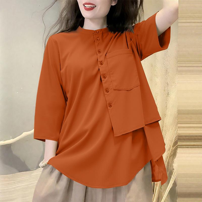 

ZANZEA Женская повседневная блузка с круглым вырезом, рукавом до локтя, свободного кроя, в стиле ретро M оранжевый