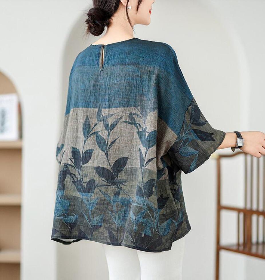 Summer Hemp Cotton Blouse EthnicStyle Bat Sleeve Loose Oversized Round Neck T-shirt Casual Comfortable for Women