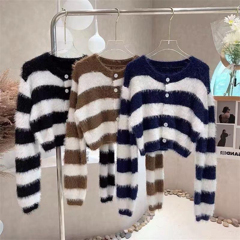 Mohair farge kontrast stripe genser kvinnelig høst og vinter ny stil imitert mink hår o hals langermet strikket cardigan