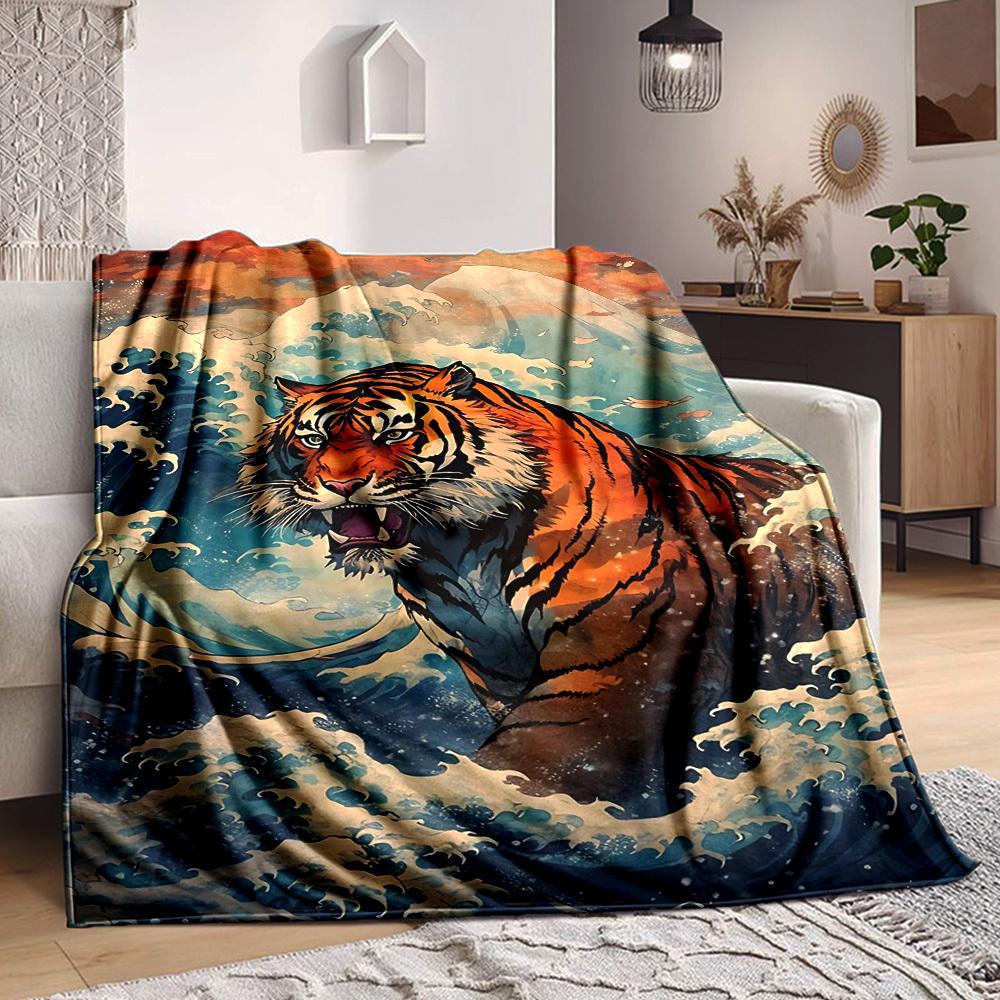 

1pc Oceanic Tiger Art Soft & Warm Polyester Knit Blanket, Digital Printed, All-Season Throw for Napping, Traveling, Sofa yy250906023 75x90cm