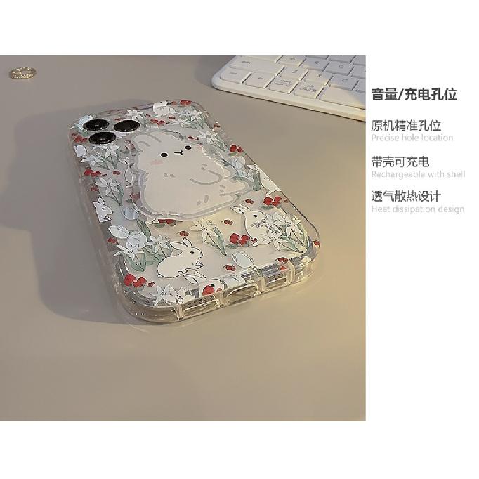 Korean-style floral rabbit design applicable iphone13Apple14Phone case11Cute girl15pro max Bracket16Transparent