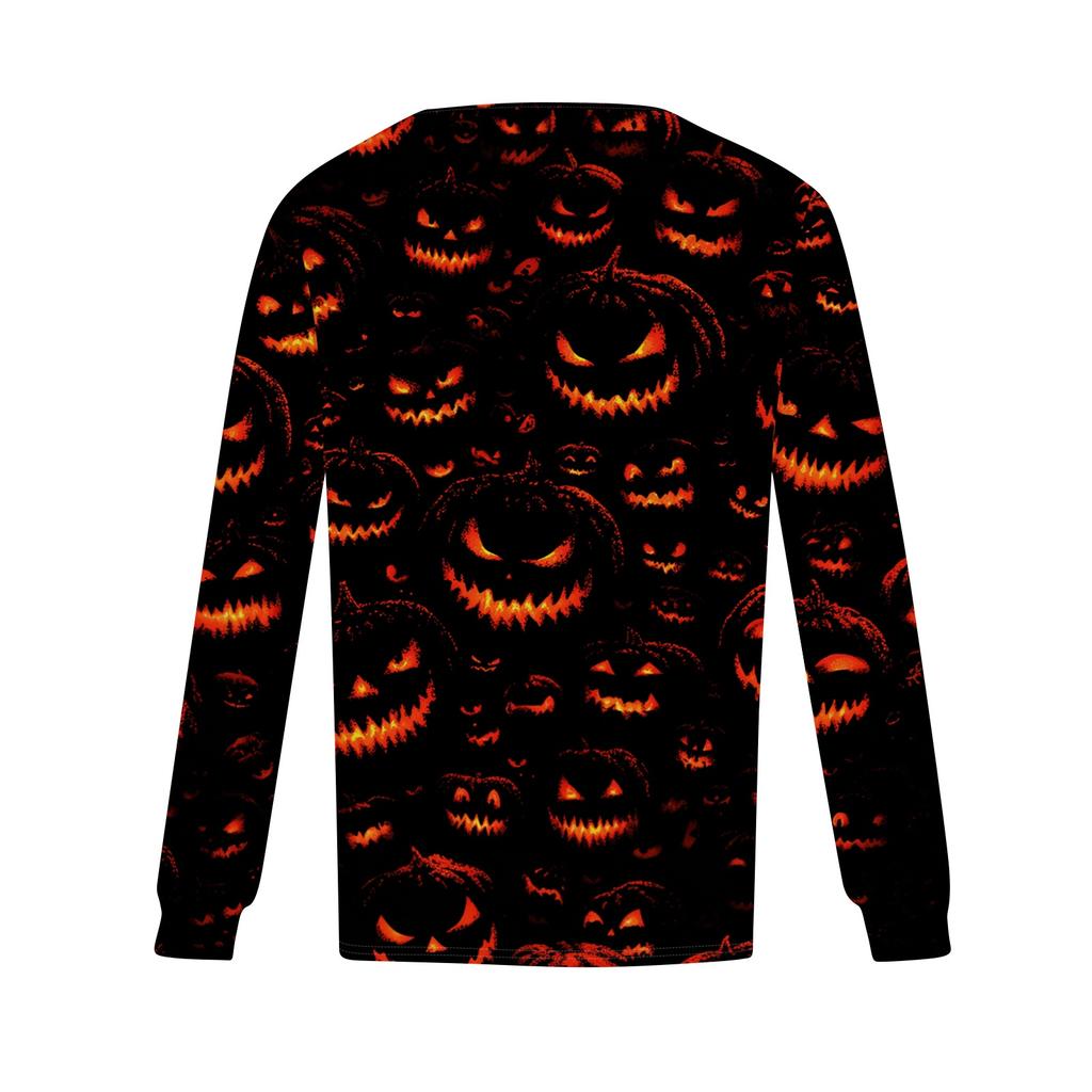 Women's Casual Long Sleeve T-Shirt Pleated Round Neck Halloween Pumpkin Print Top Lightweight Comfortable Fit