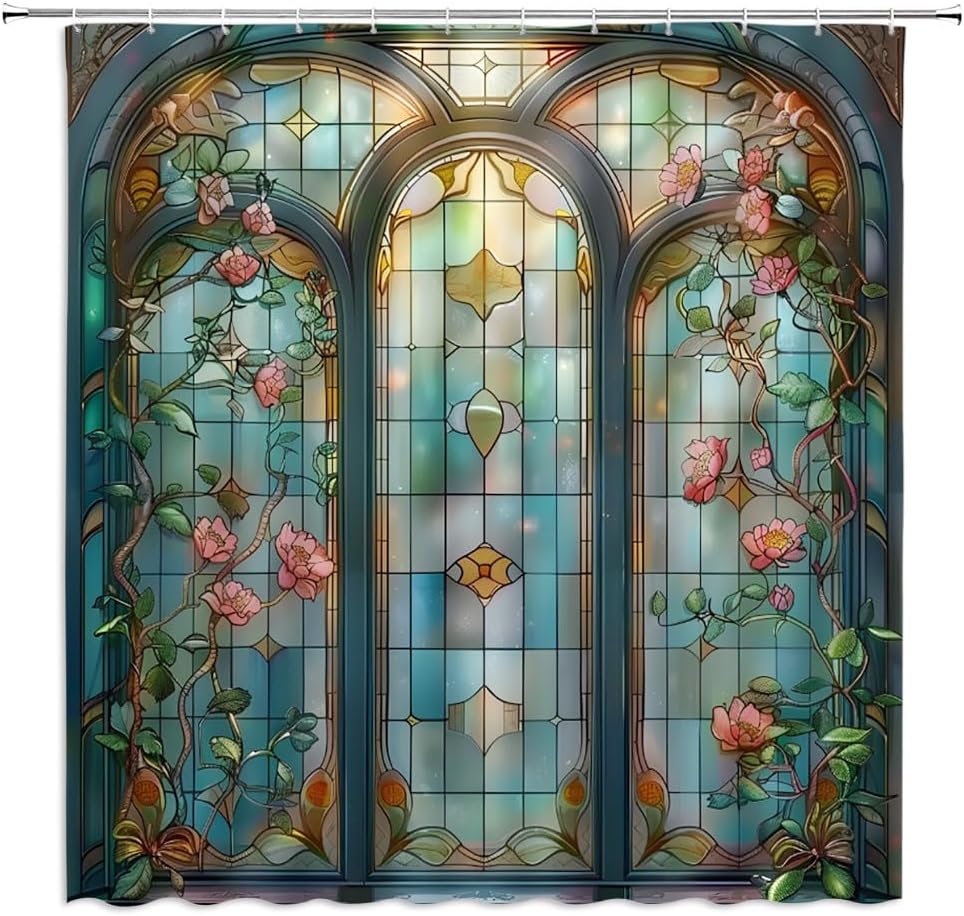 

Abstract Stained Glass Shower Curtain Teal Arched Window Fantasy Castle Luxury Elegant Antique Ombre Art Bathroom Decor W60H190(CM)-1 Pcs